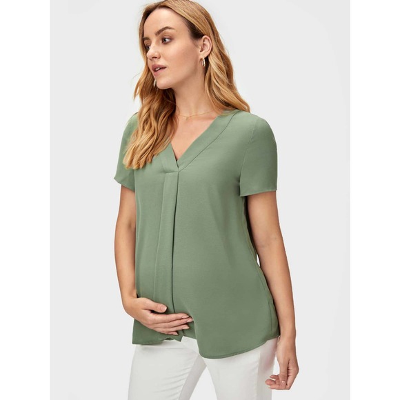 Maternity Solid V Neck short sleeve Blouse light green - Picture 1 of 11